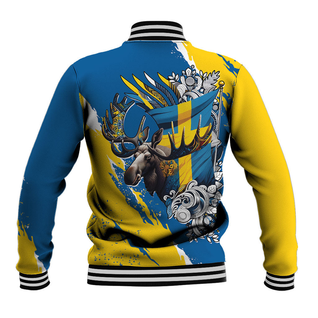 Sweden Flag Day Baseball Jacket Majestic Elk Floral Nordic Heritage
