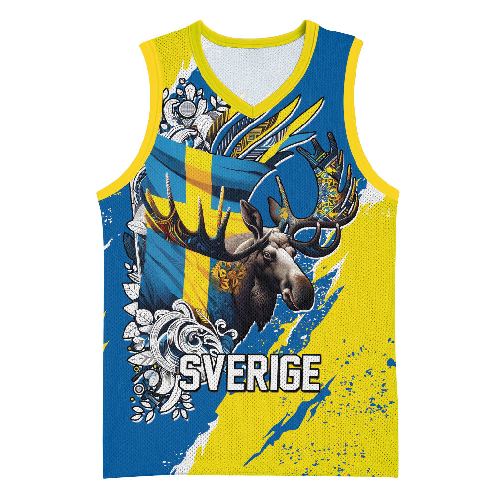 Sweden Flag Day Basketball Jersey Majestic Elk Floral Nordic Heritage