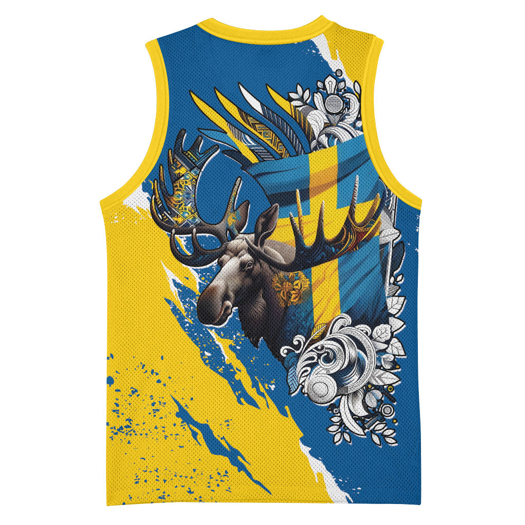 Sweden Flag Day Basketball Jersey Majestic Elk Floral Nordic Heritage