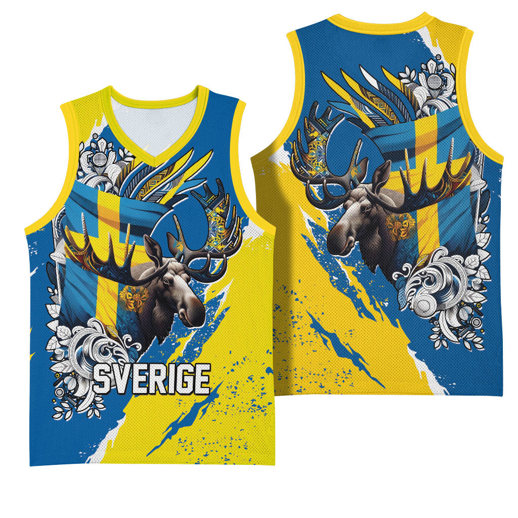 Sweden Flag Day Basketball Jersey Majestic Elk Floral Nordic Heritage