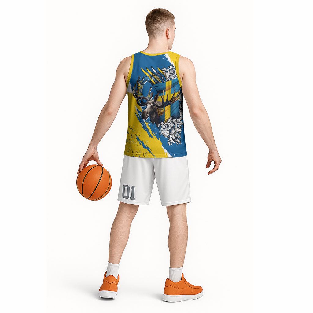 Sweden Flag Day Basketball Jersey Majestic Elk Floral Nordic Heritage