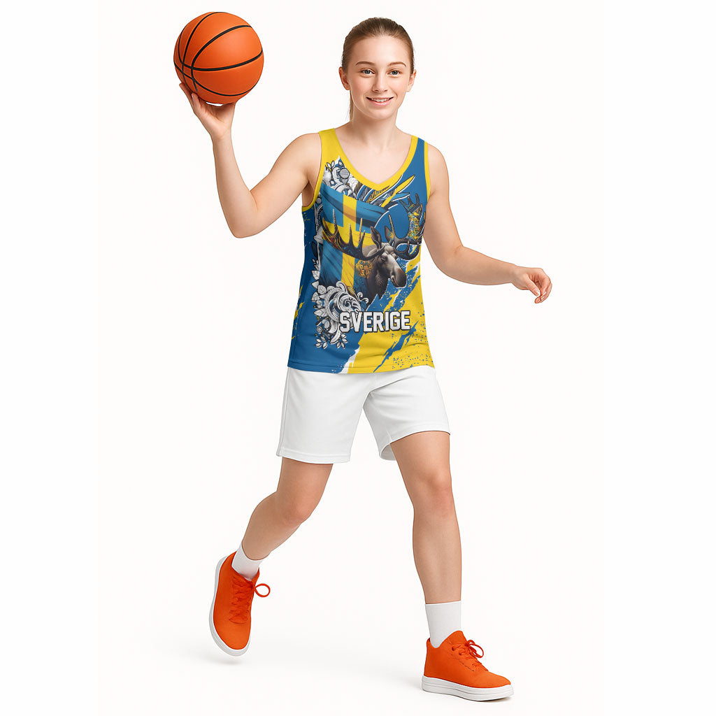 Sweden Flag Day Basketball Jersey Majestic Elk Floral Nordic Heritage