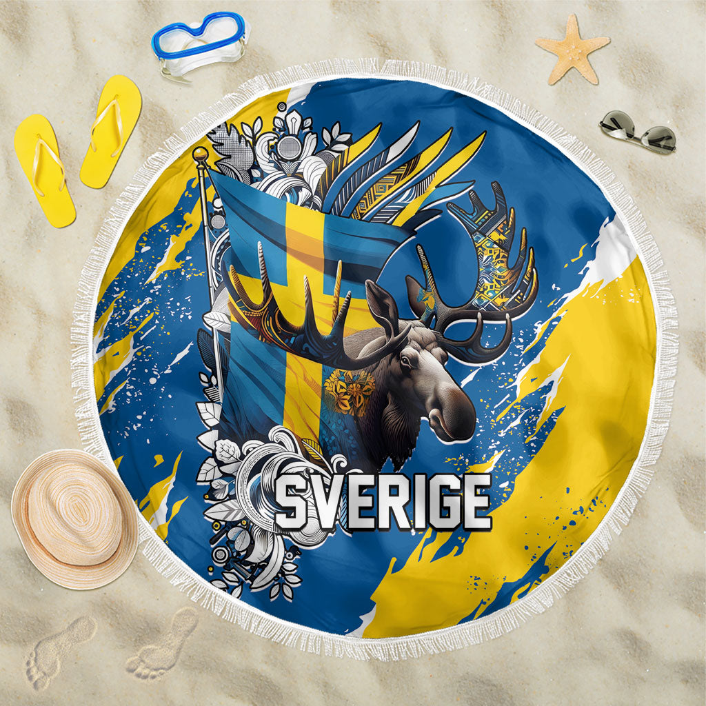Sweden Flag Day Beach Blanket Majestic Elk Floral Nordic Heritage