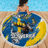 Sweden Flag Day Beach Blanket Majestic Elk Floral Nordic Heritage