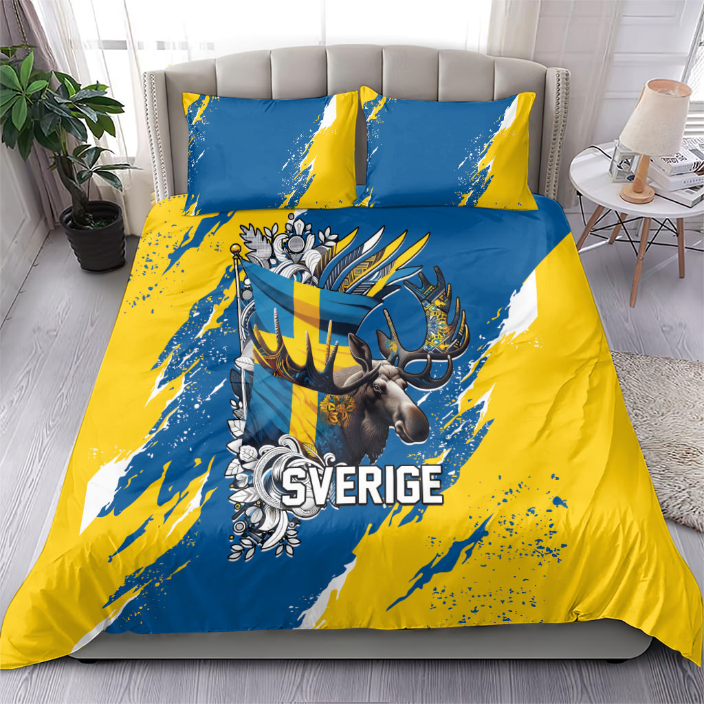 Sweden Flag Day Bedding Set Majestic Elk Floral Nordic Heritage