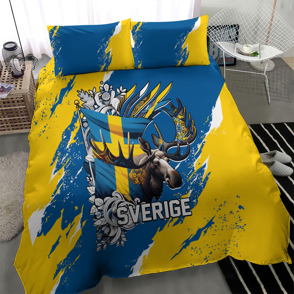 Sweden Flag Day Bedding Set Majestic Elk Floral Nordic Heritage
