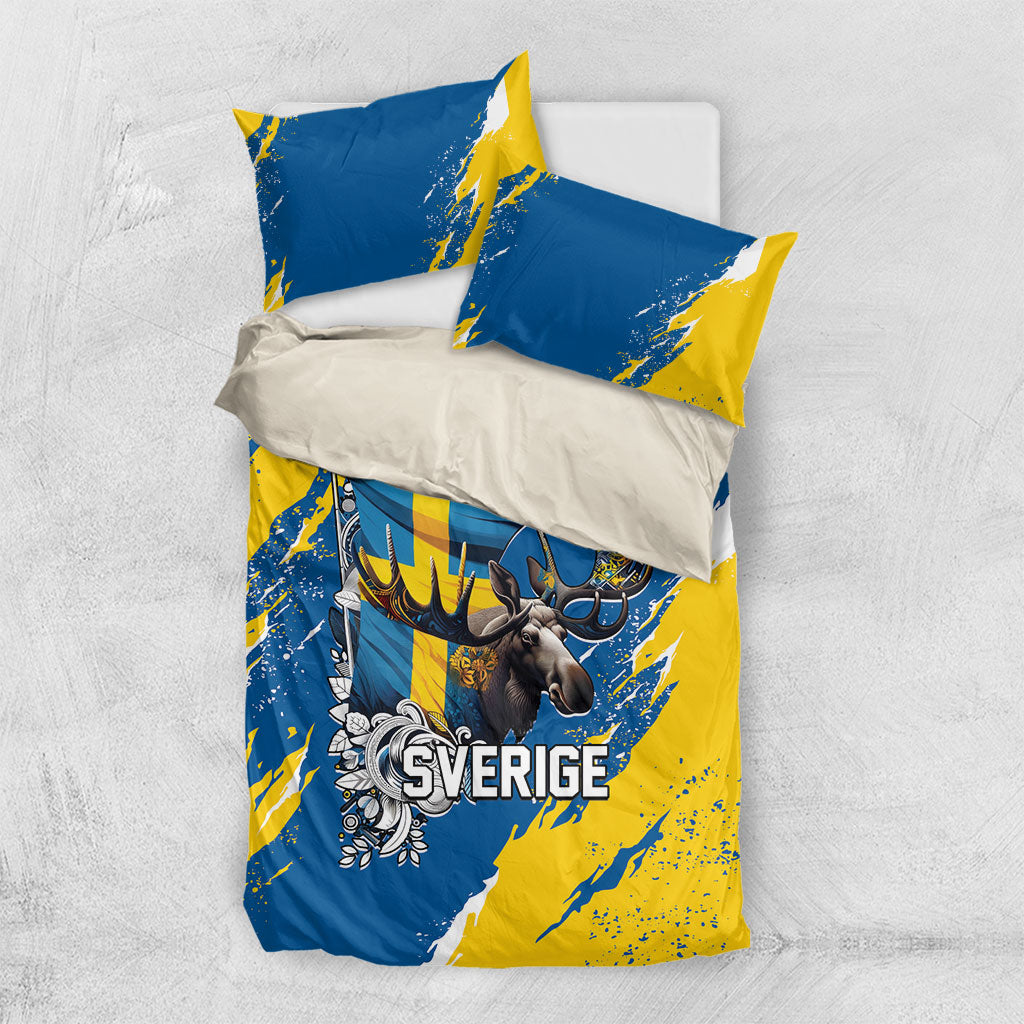 Sweden Flag Day Bedding Set Majestic Elk Floral Nordic Heritage