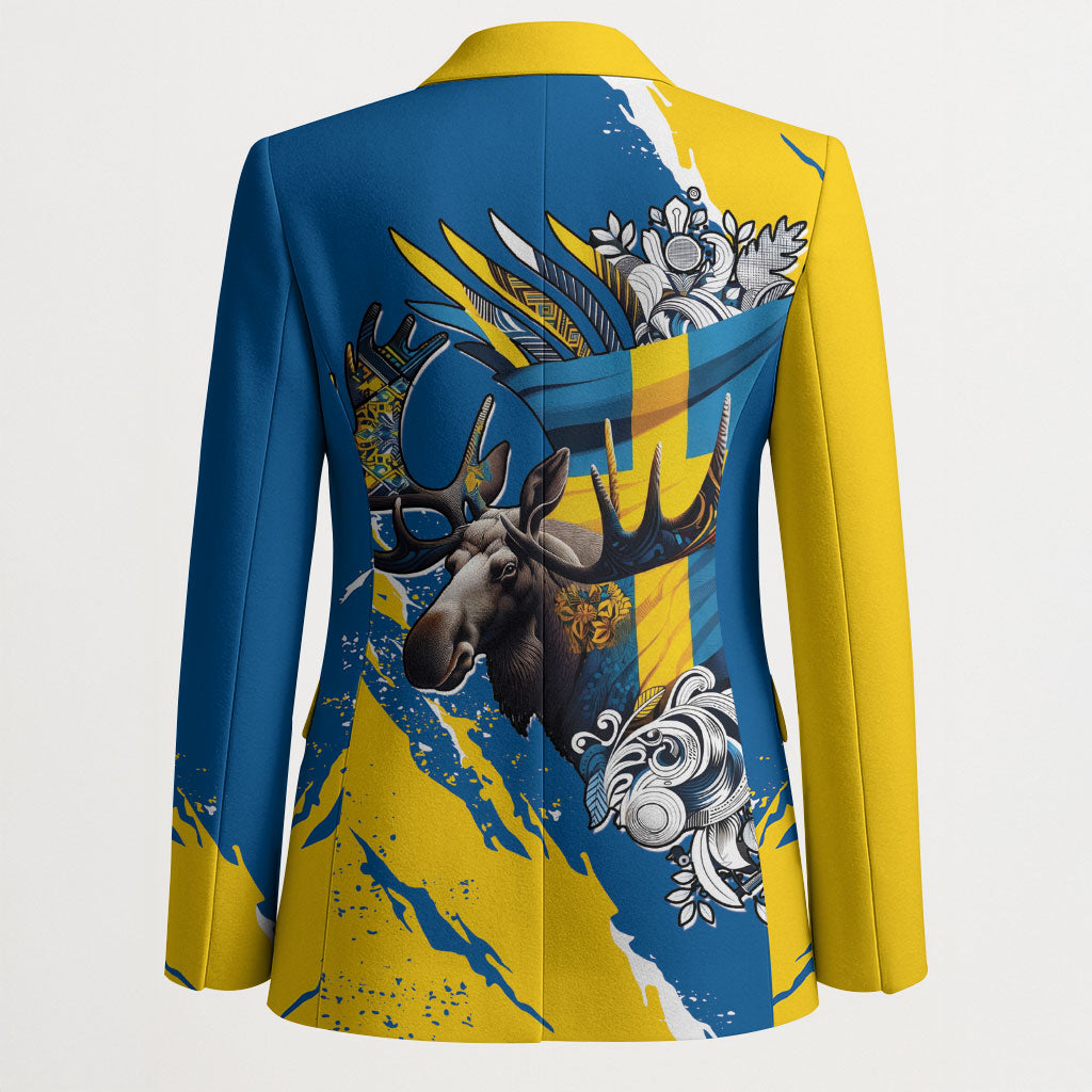 Sweden Flag Day Blazer Majestic Elk Floral Nordic Heritage