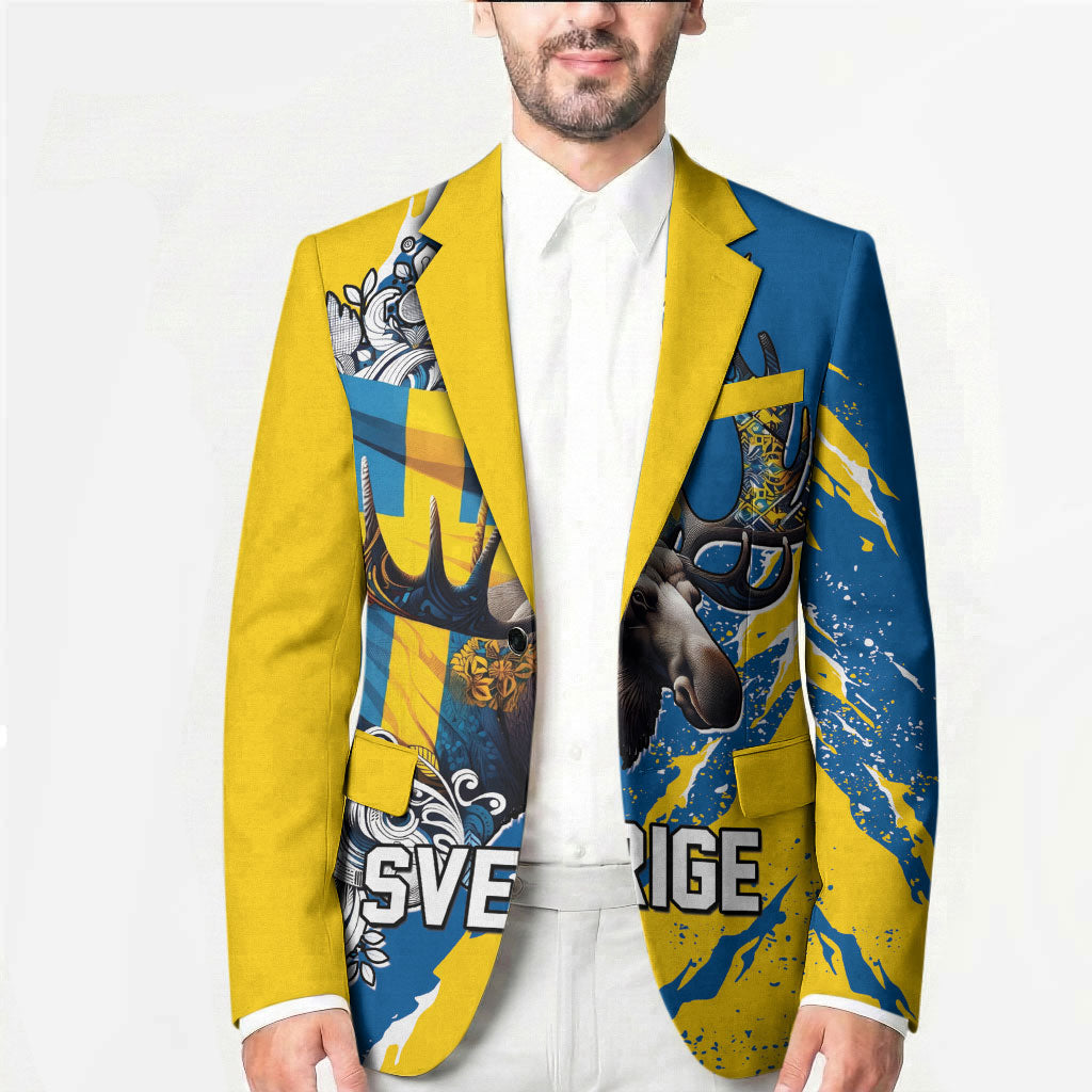 Sweden Flag Day Blazer Majestic Elk Floral Nordic Heritage