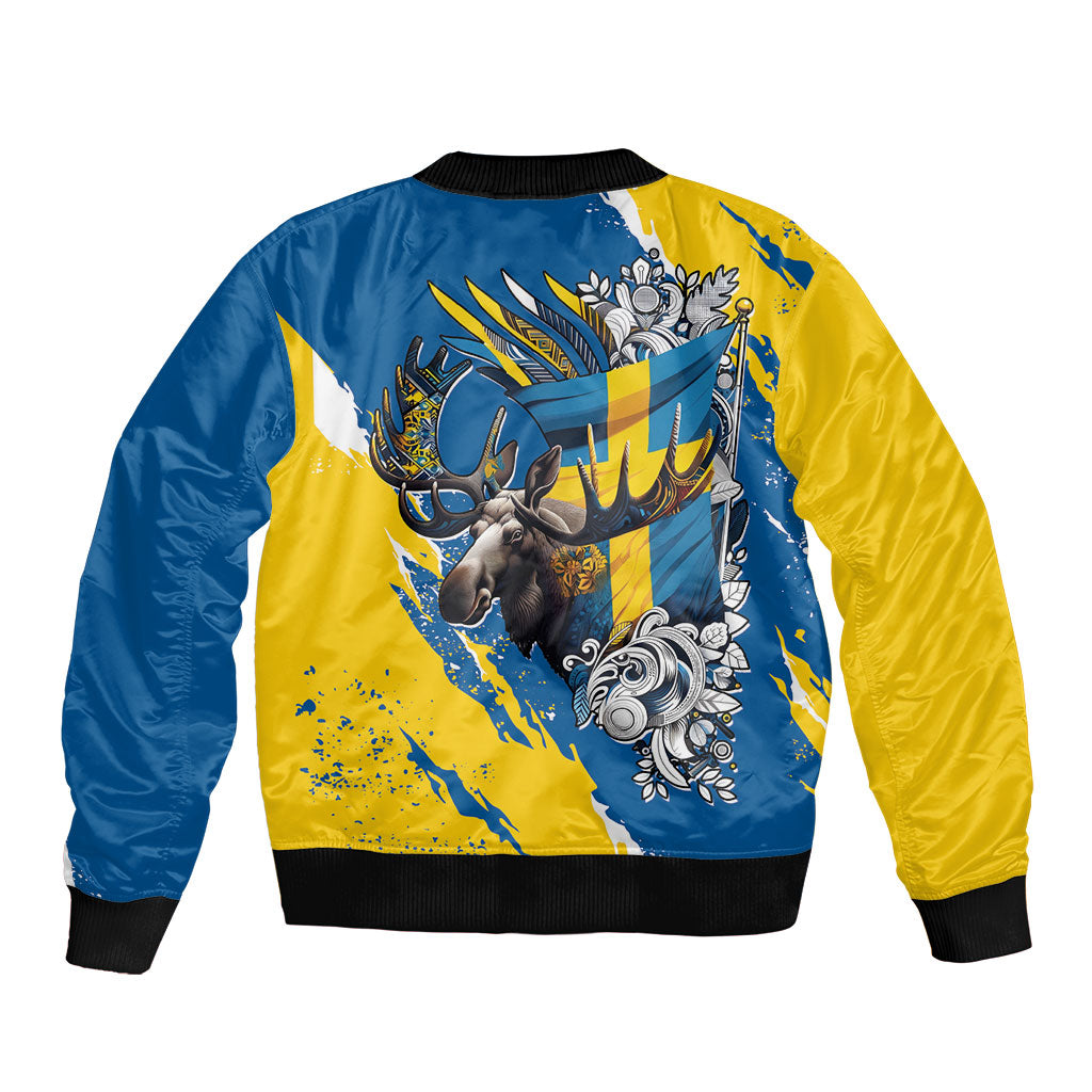 Sweden Flag Day Bomber Jacket Majestic Elk Floral Nordic Heritage