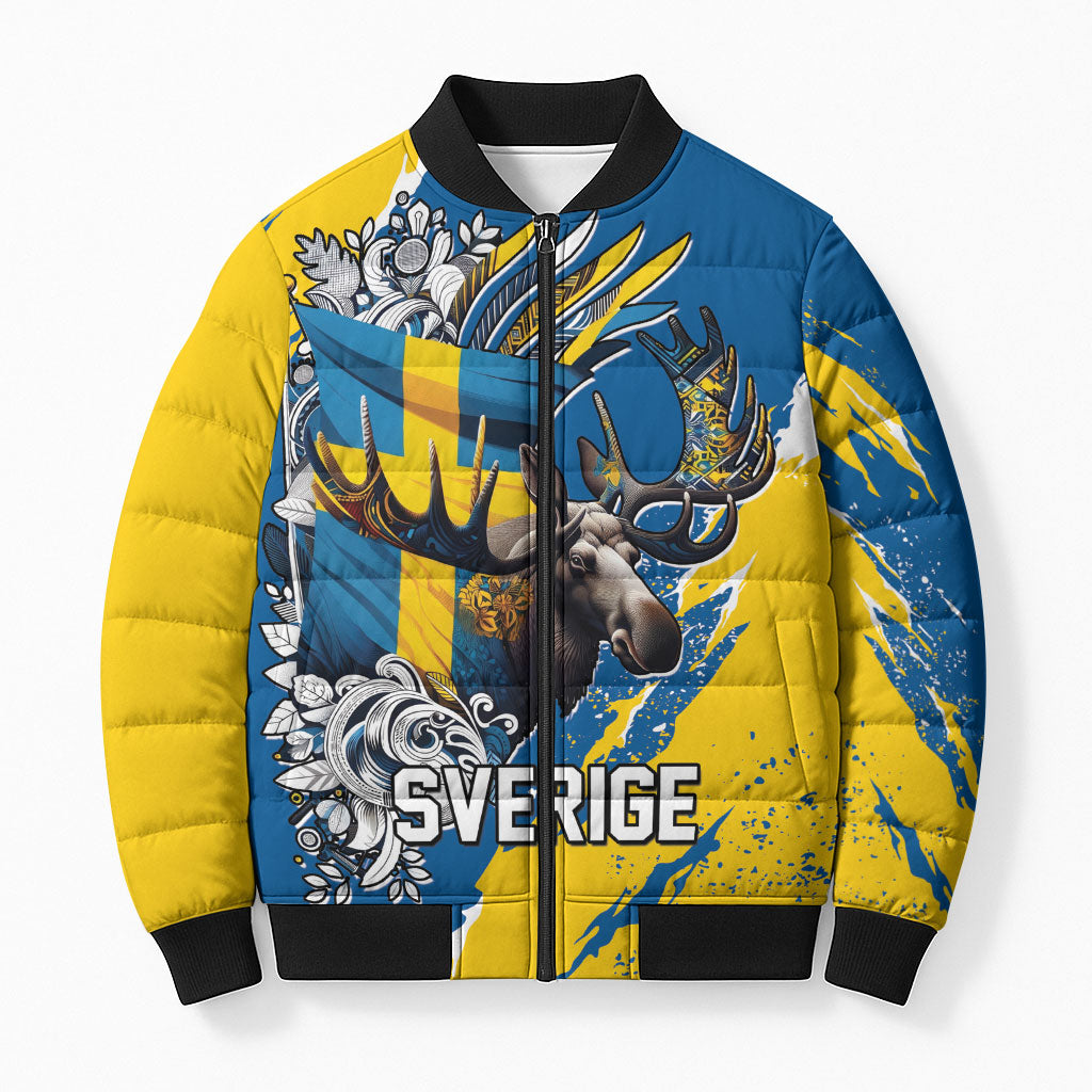 Sweden Flag Day Bomber Puffer Jacket Majestic Elk Floral Nordic Heritage