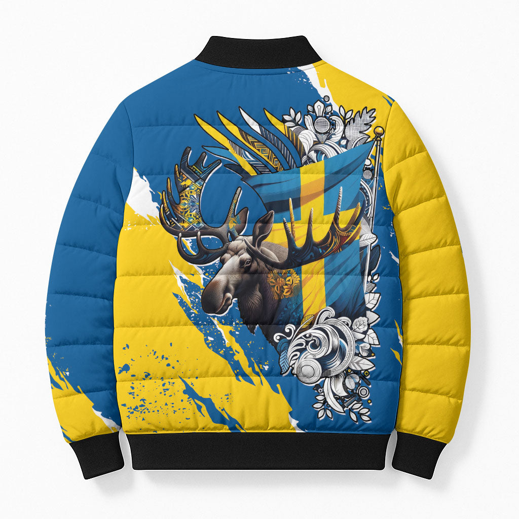 Sweden Flag Day Bomber Puffer Jacket Majestic Elk Floral Nordic Heritage