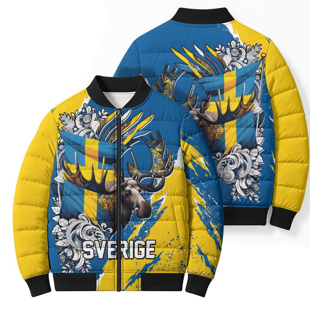 Sweden Flag Day Bomber Puffer Jacket Majestic Elk Floral Nordic Heritage