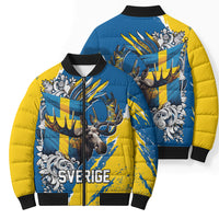 Sweden Flag Day Bomber Puffer Jacket Majestic Elk Floral Nordic Heritage
