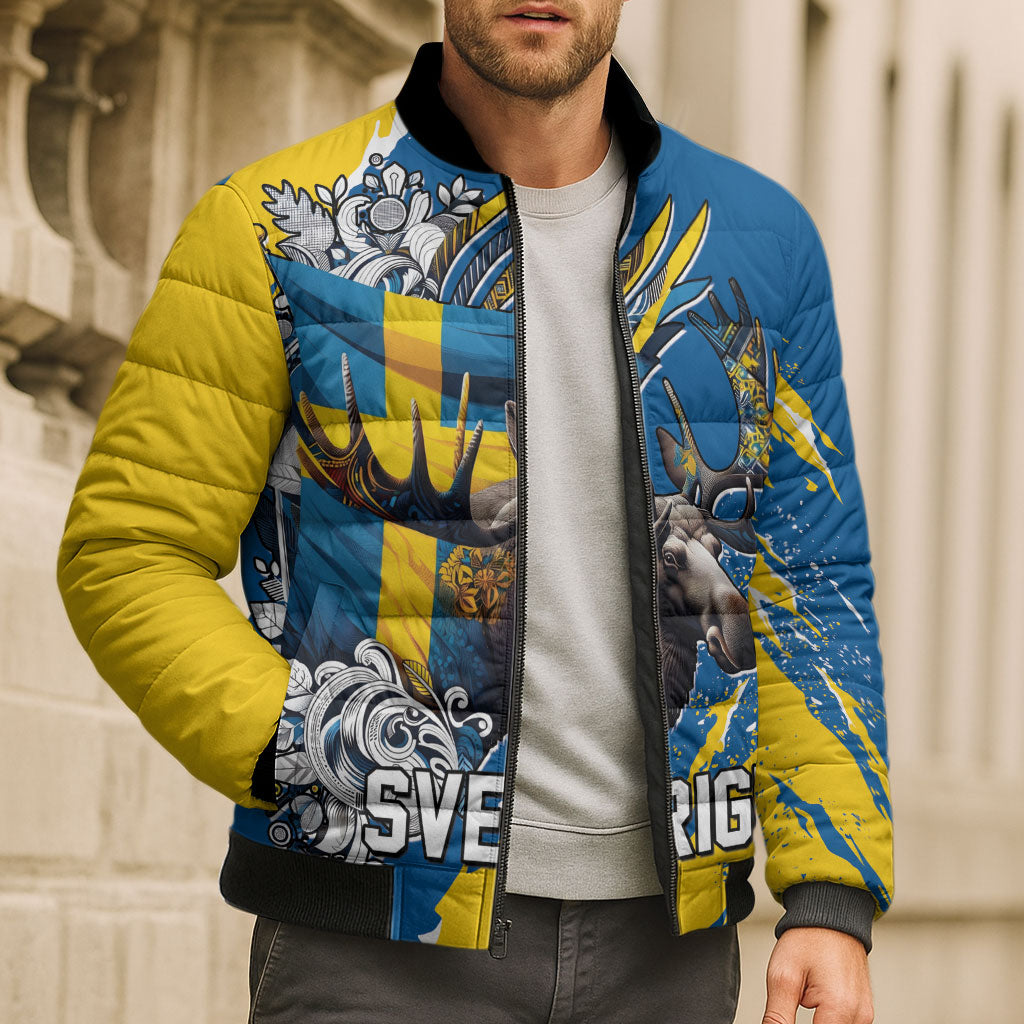 Sweden Flag Day Bomber Puffer Jacket Majestic Elk Floral Nordic Heritage