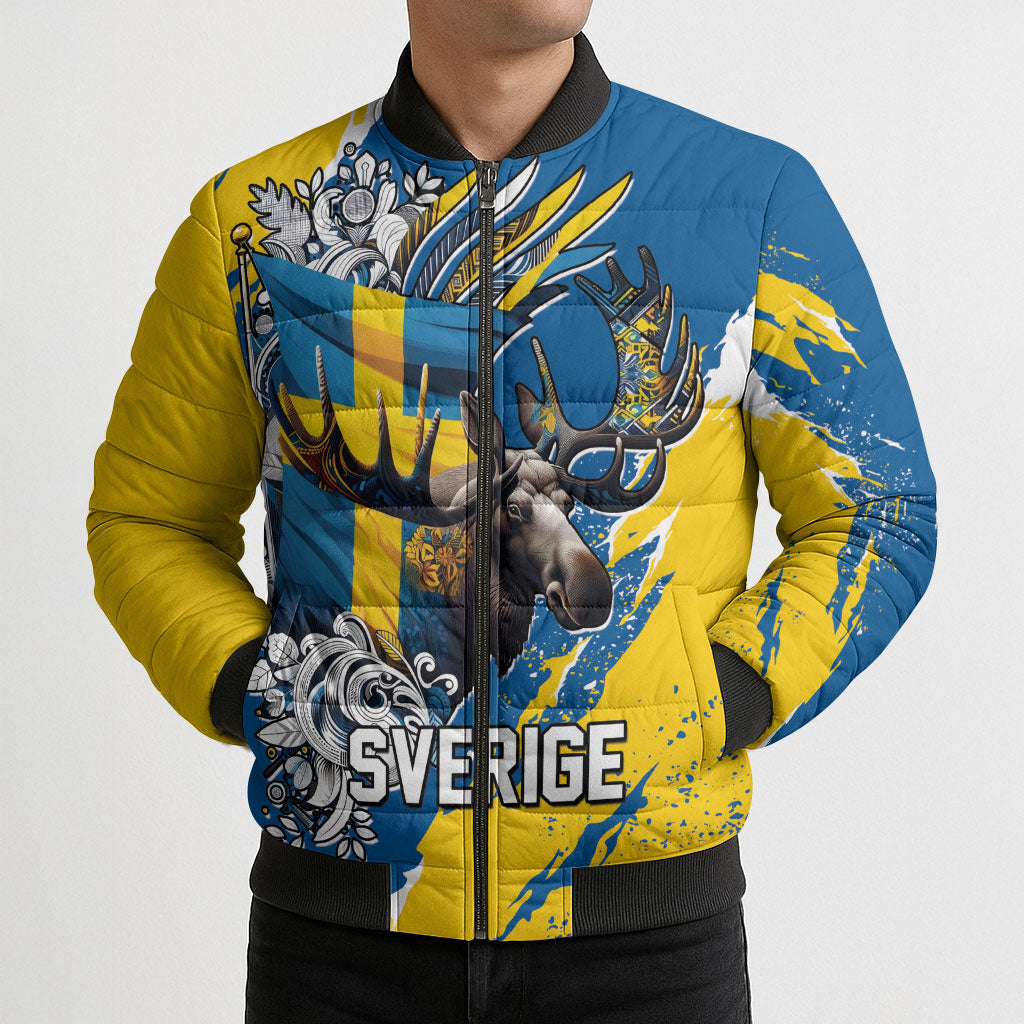 Sweden Flag Day Bomber Puffer Jacket Majestic Elk Floral Nordic Heritage