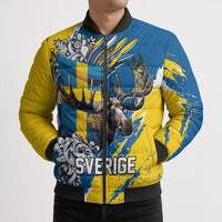 Sweden Flag Day Bomber Puffer Jacket Majestic Elk Floral Nordic Heritage