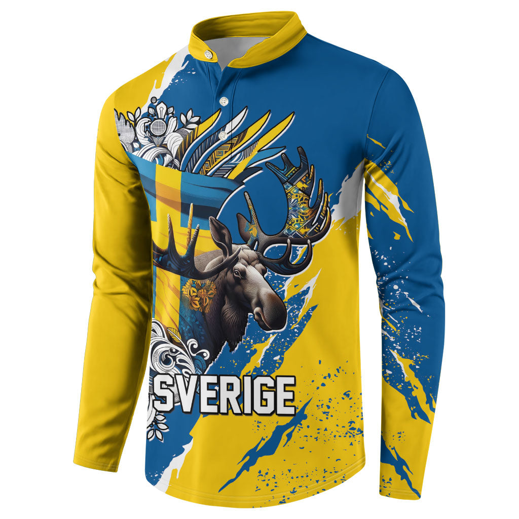 Sweden Flag Day Button Sweatshirt Majestic Elk Floral Nordic Heritage