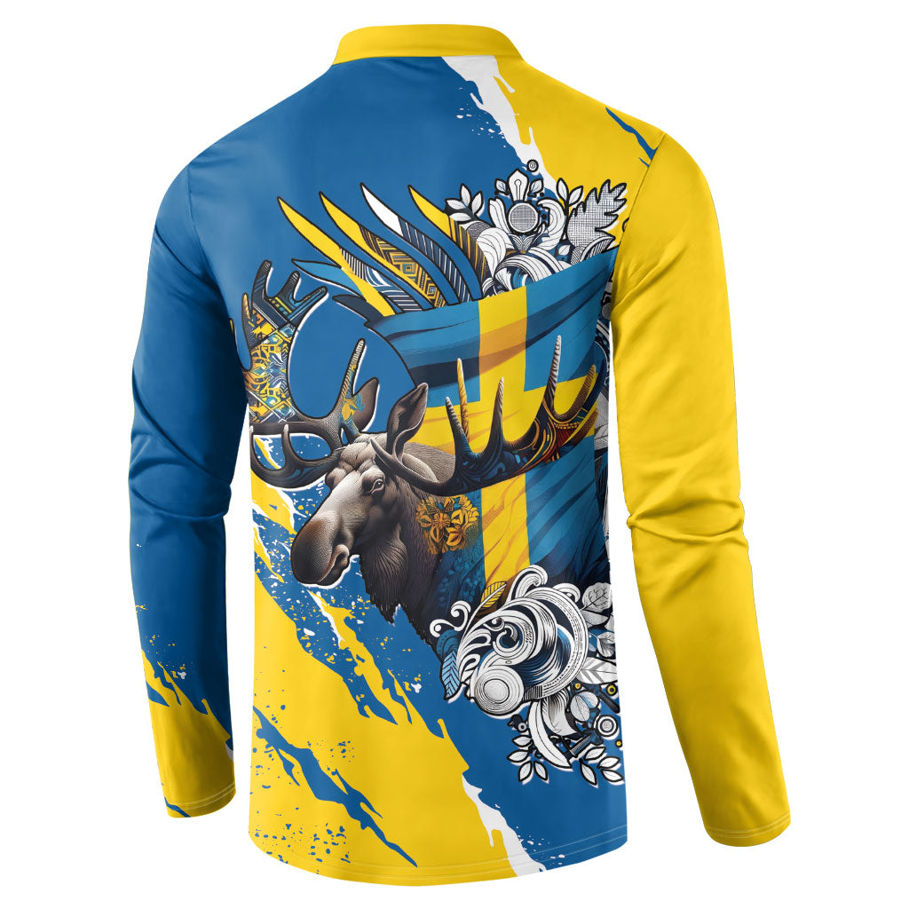 Sweden Flag Day Button Sweatshirt Majestic Elk Floral Nordic Heritage