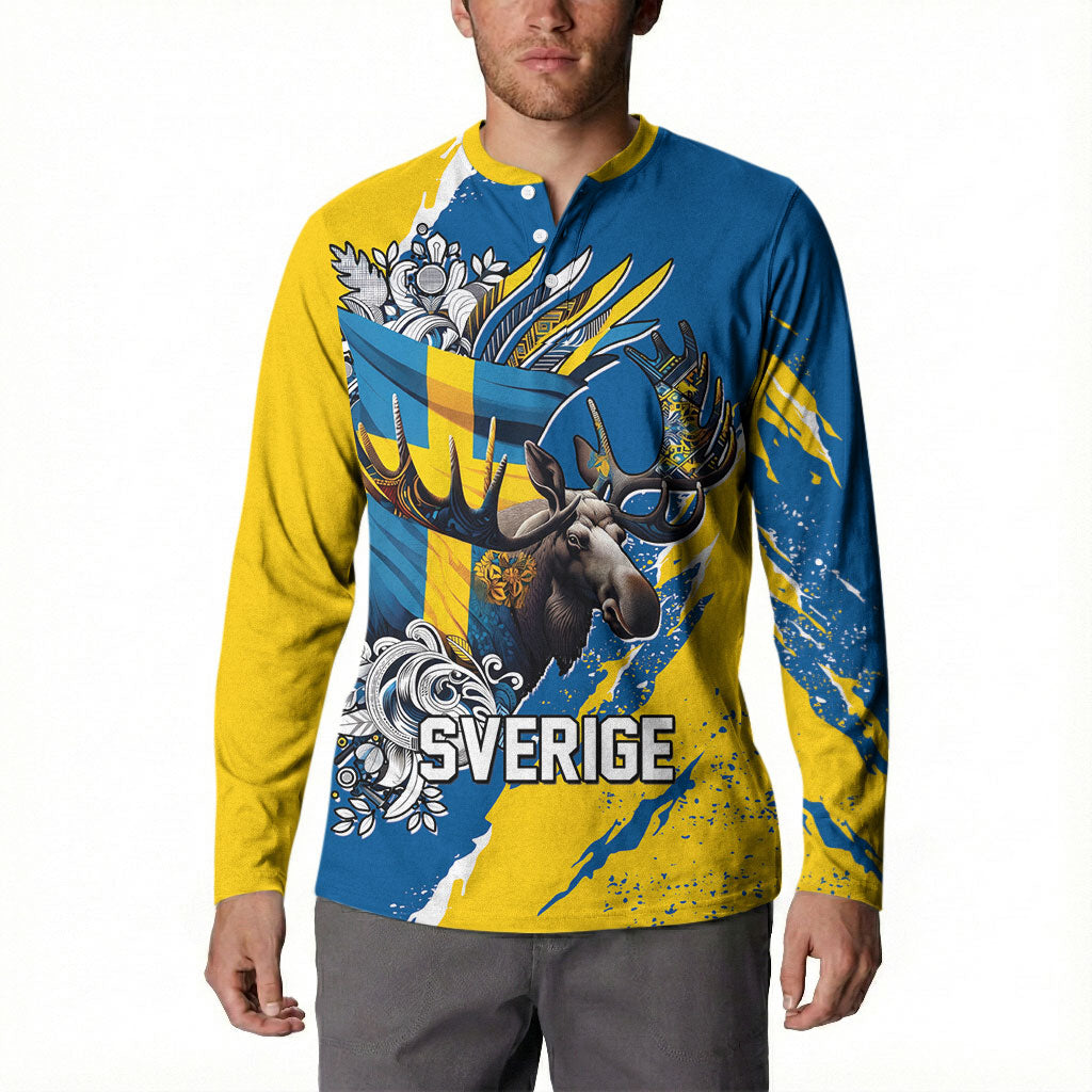 Sweden Flag Day Button Sweatshirt Majestic Elk Floral Nordic Heritage