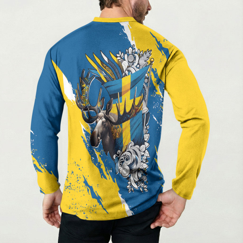 Sweden Flag Day Button Sweatshirt Majestic Elk Floral Nordic Heritage