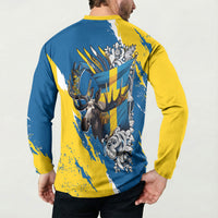 Sweden Flag Day Button Sweatshirt Majestic Elk Floral Nordic Heritage