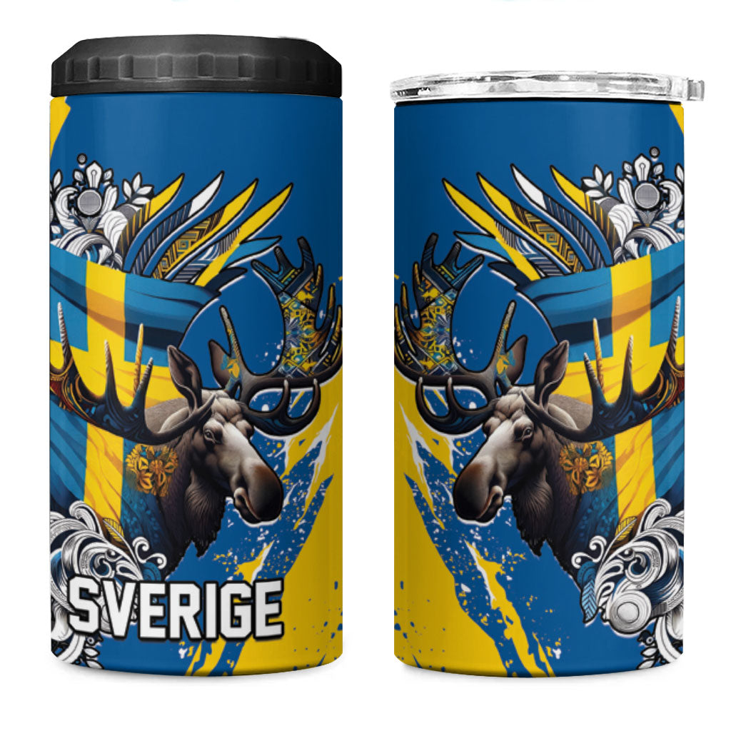 Sweden Flag Day 4 in 1 Can Cooler Tumbler Majestic Elk Floral Nordic Heritage