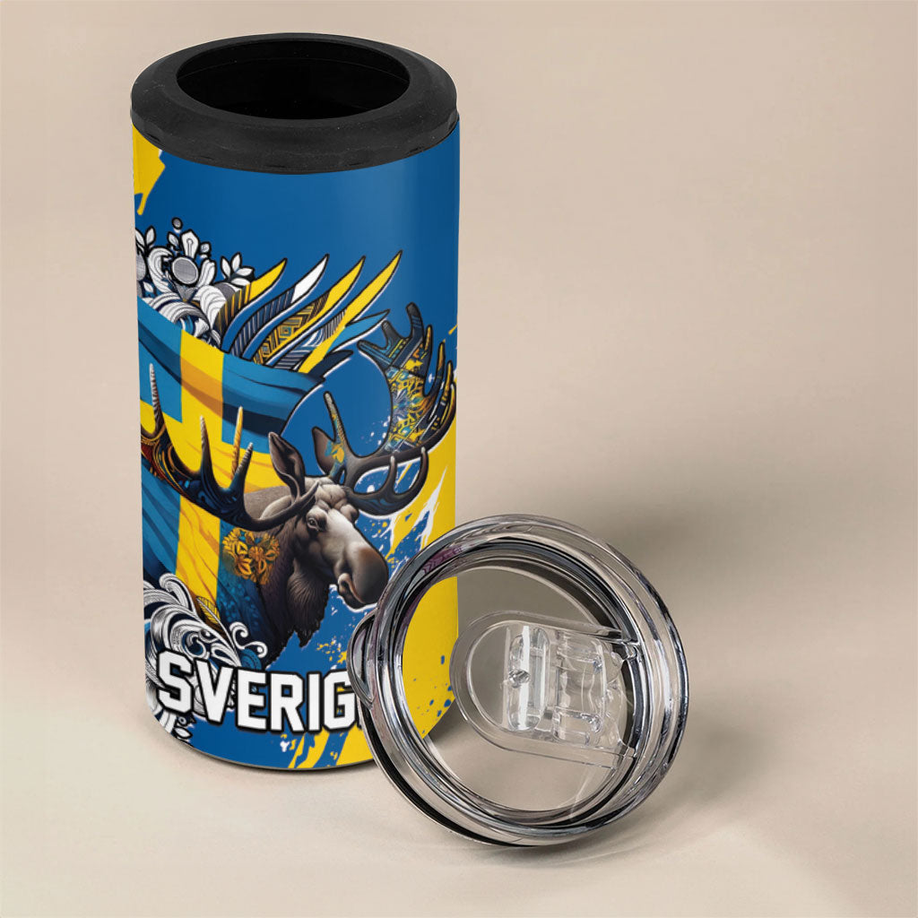 Sweden Flag Day 4 in 1 Can Cooler Tumbler Majestic Elk Floral Nordic Heritage