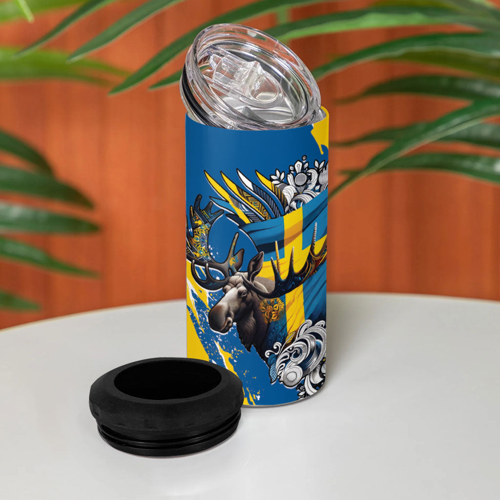 Sweden Flag Day 4 in 1 Can Cooler Tumbler Majestic Elk Floral Nordic Heritage