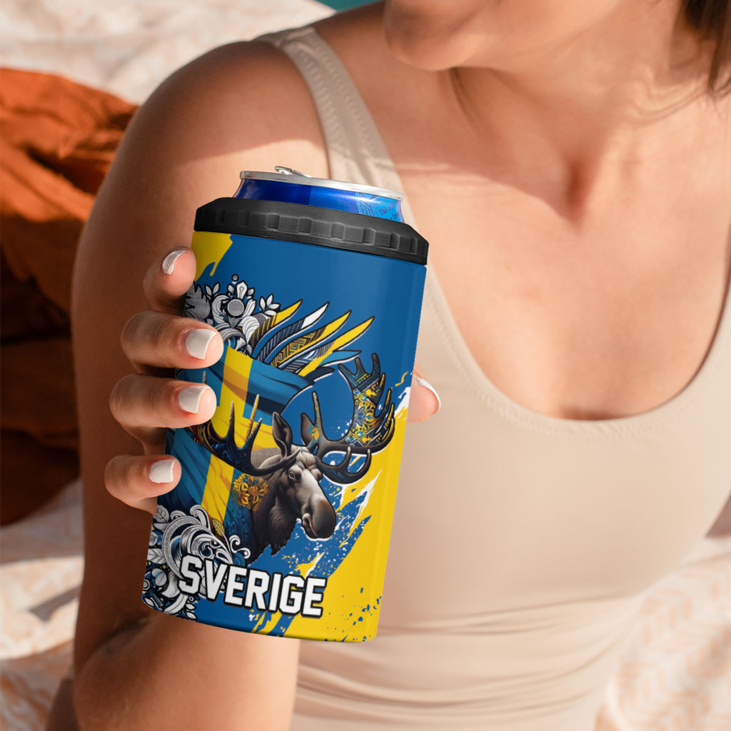 Sweden Flag Day 4 in 1 Can Cooler Tumbler Majestic Elk Floral Nordic Heritage