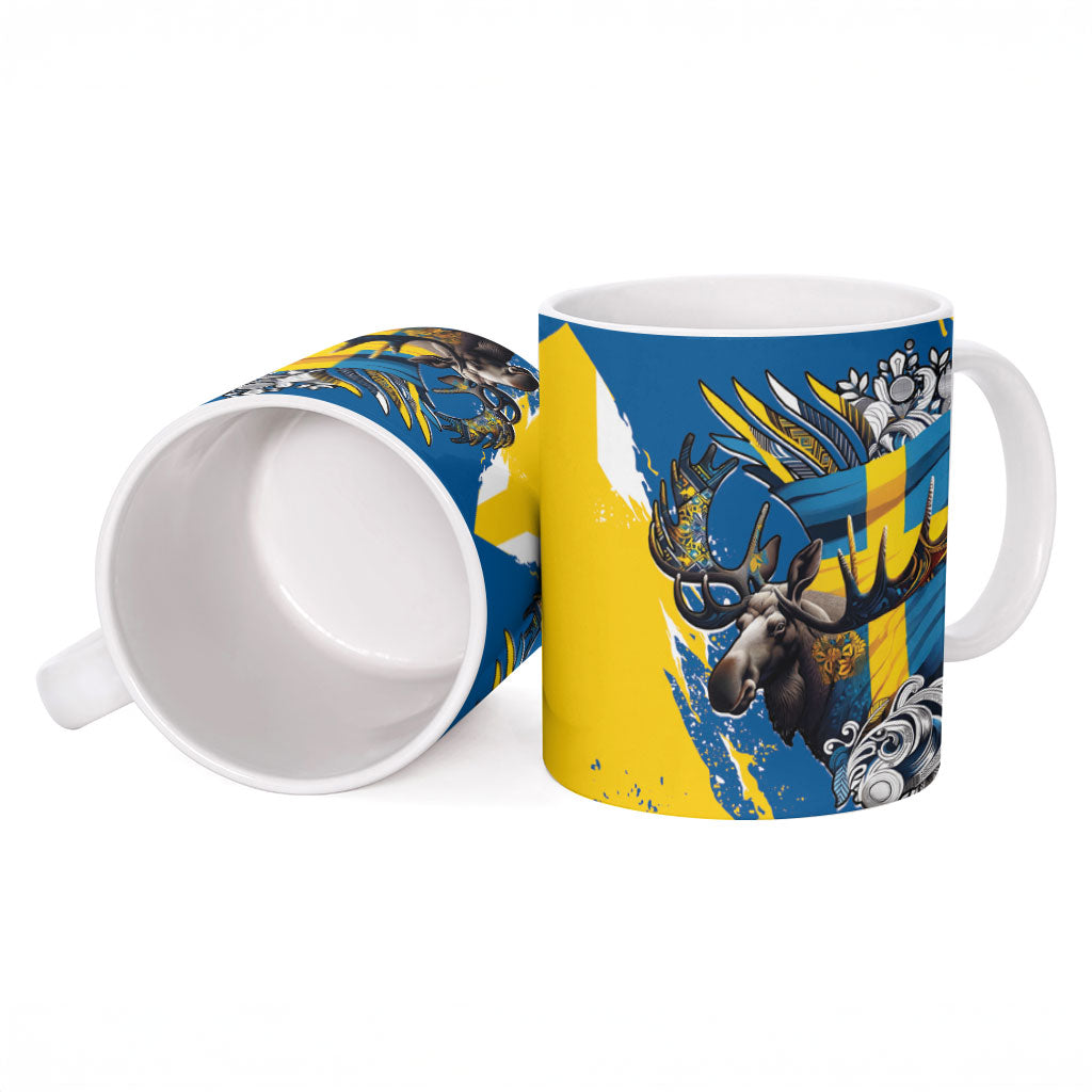 Sweden Flag Day Ceramic Mug Majestic Elk Floral Nordic Heritage
