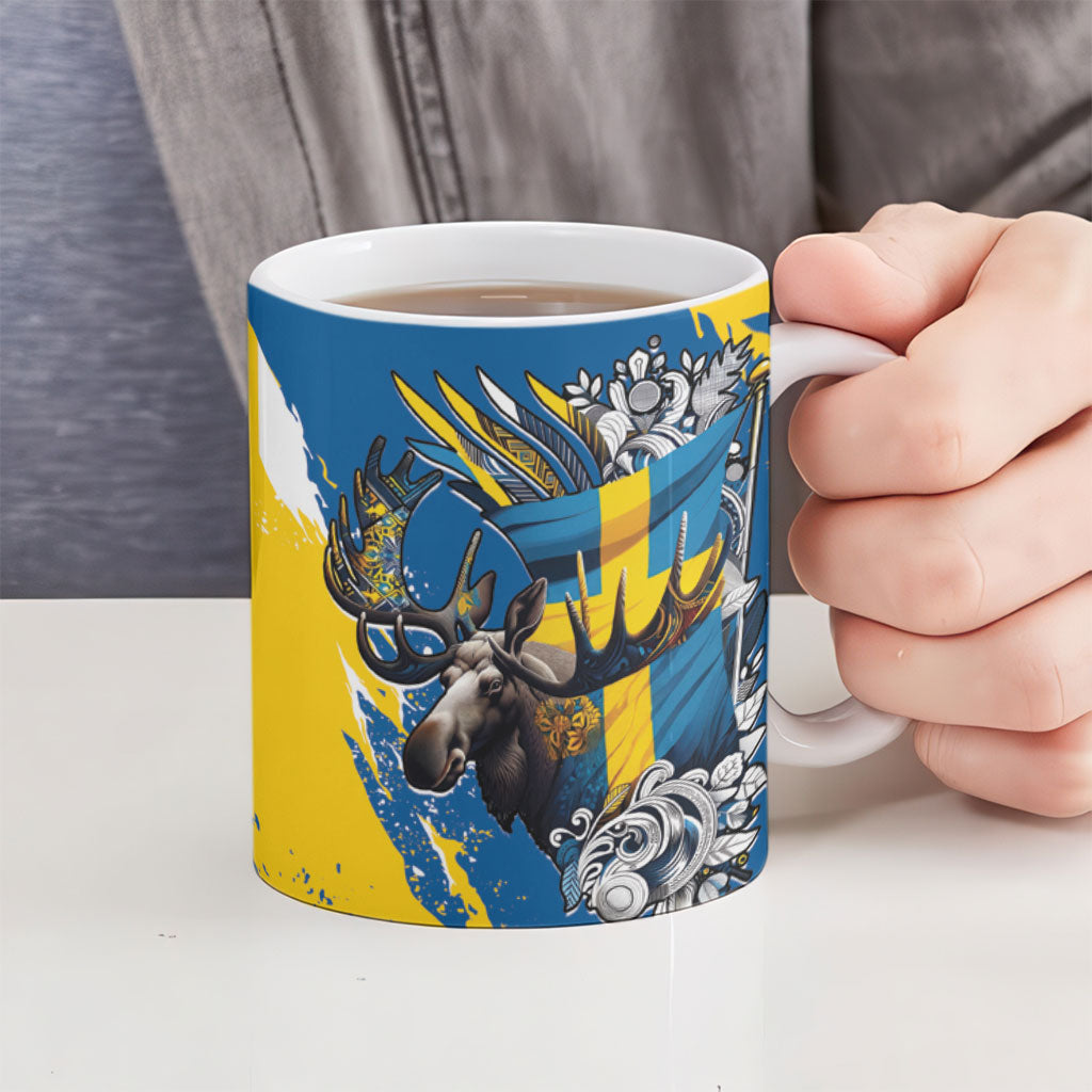 Sweden Flag Day Ceramic Mug Majestic Elk Floral Nordic Heritage