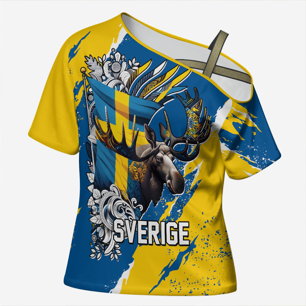 Sweden Flag Day Cross Shoulder Shirt Majestic Elk Floral Nordic Heritage
