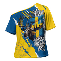 Sweden Flag Day Cross Shoulder Shirt Majestic Elk Floral Nordic Heritage