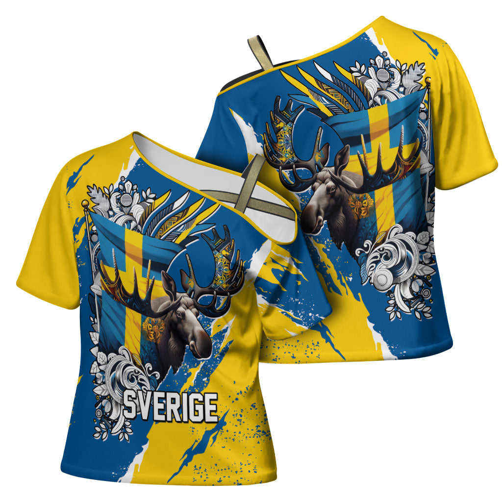 Sweden Flag Day Cross Shoulder Shirt Majestic Elk Floral Nordic Heritage