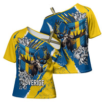 Sweden Flag Day Cross Shoulder Shirt Majestic Elk Floral Nordic Heritage