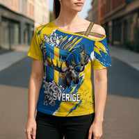 Sweden Flag Day Cross Shoulder Shirt Majestic Elk Floral Nordic Heritage