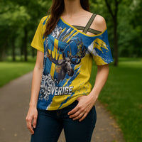 Sweden Flag Day Cross Shoulder Shirt Majestic Elk Floral Nordic Heritage
