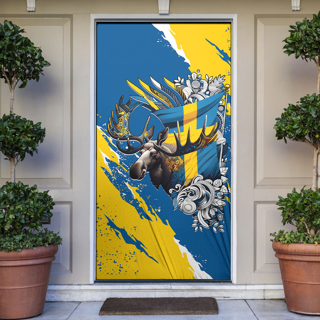 Sweden Flag Day Door Cover Majestic Elk Floral Nordic Heritage