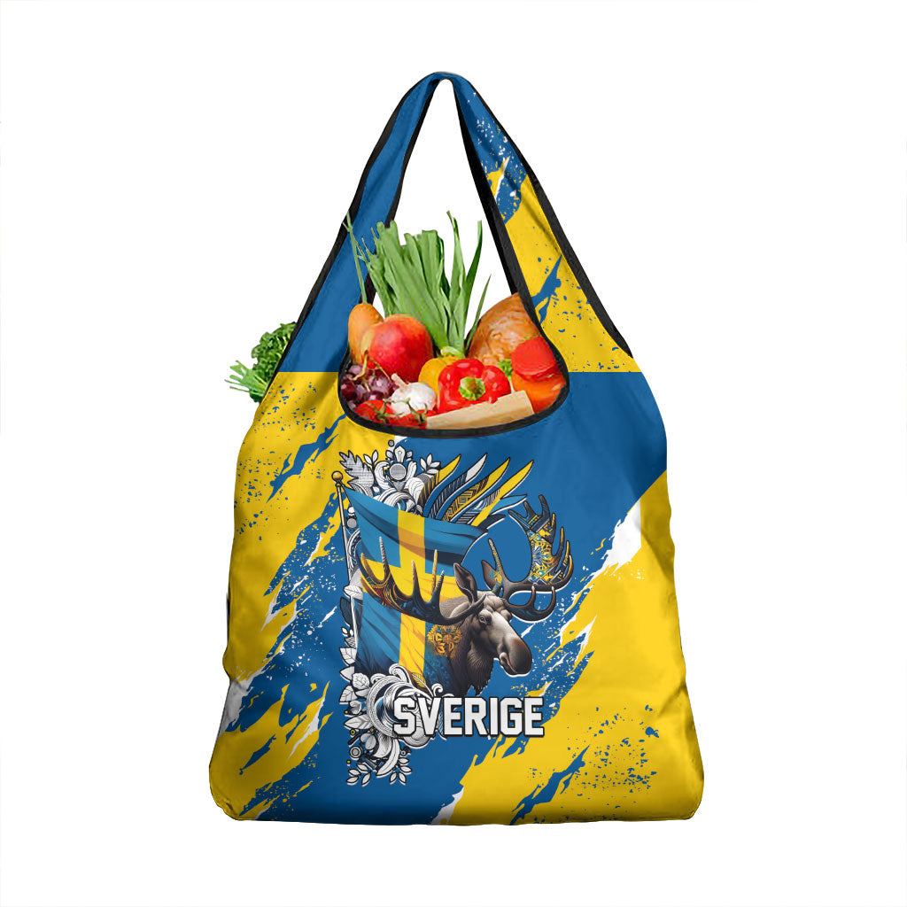 Sweden Flag Day Grocery Bag Majestic Elk Floral Nordic Heritage