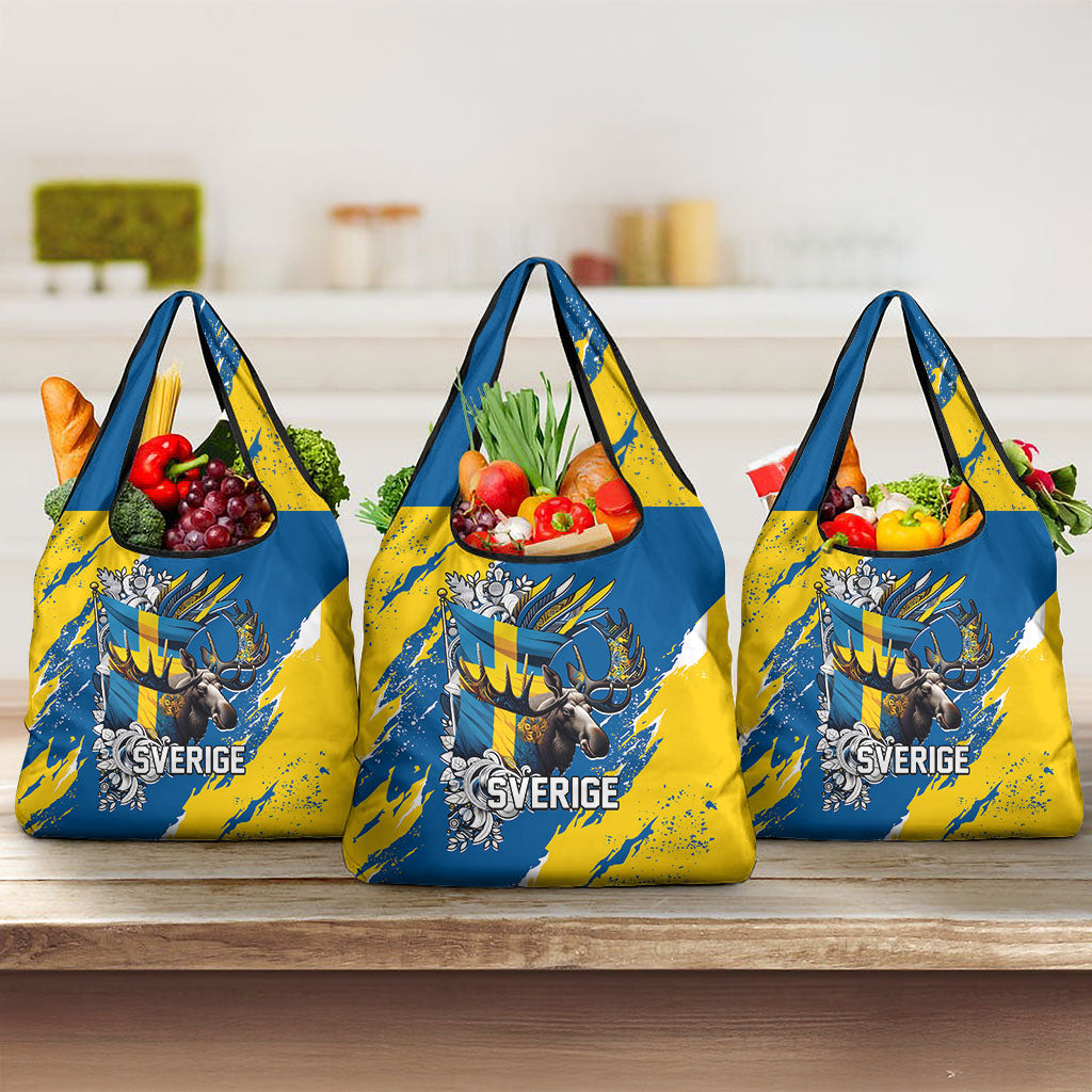 Sweden Flag Day Grocery Bag Majestic Elk Floral Nordic Heritage