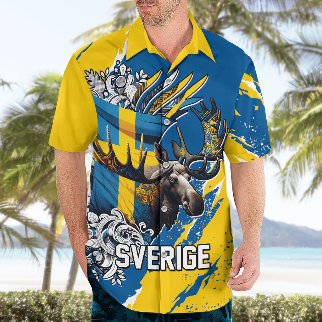 Sweden Flag Day Hawaiian Shirt Majestic Elk Floral Nordic Heritage