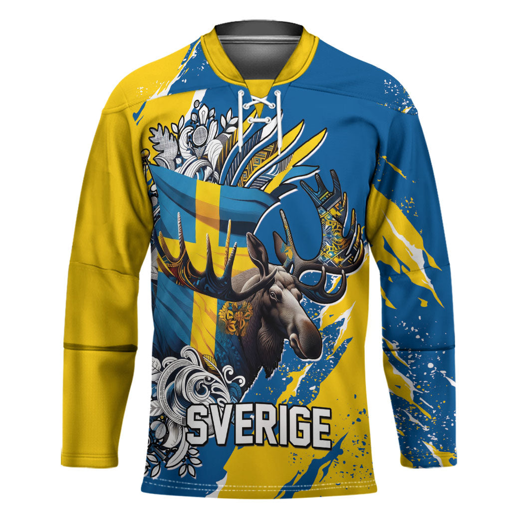 Sweden Flag Day Hockey Jersey Majestic Elk Floral Nordic Heritage