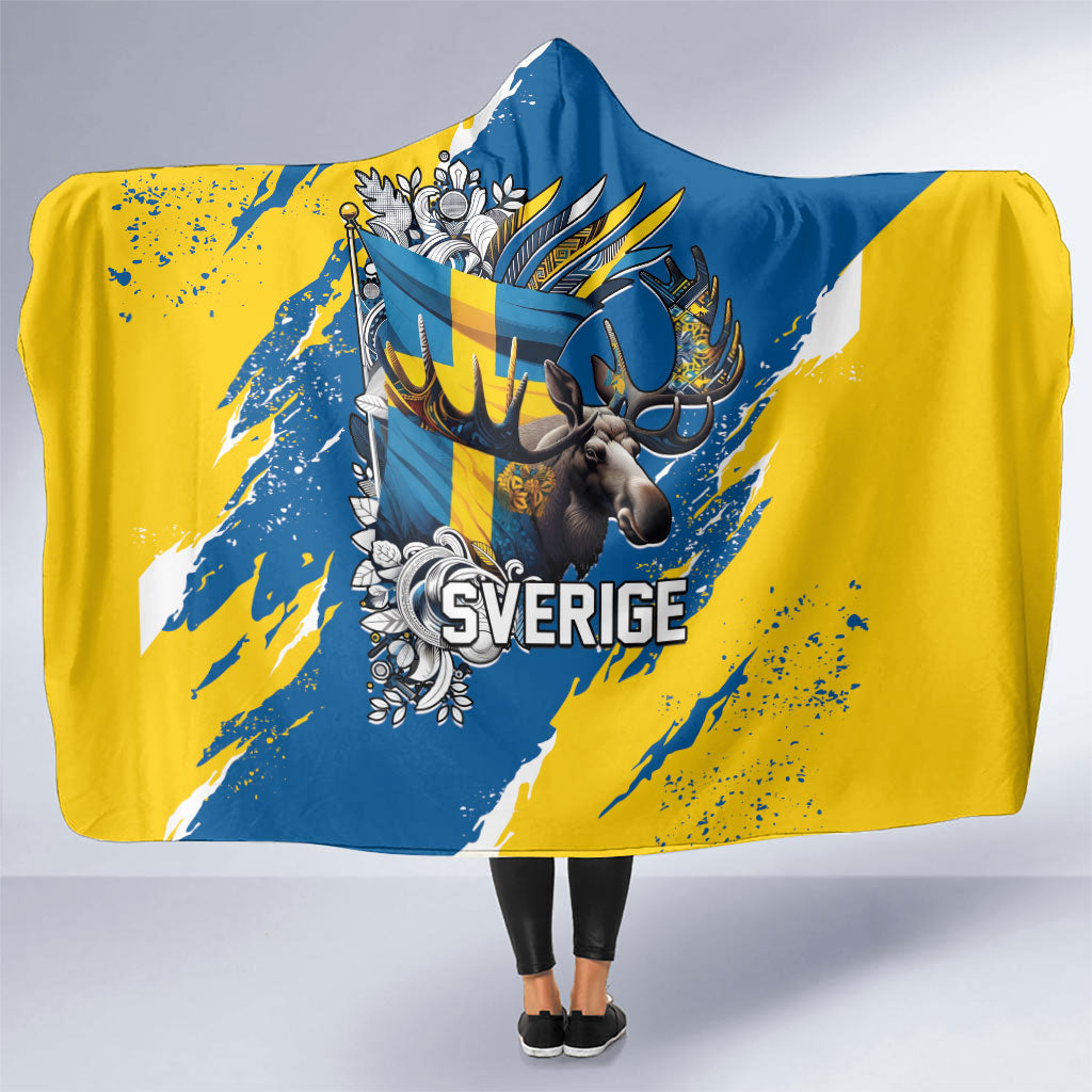 Sweden Flag Day Hooded Blanket Majestic Elk Floral Nordic Heritage