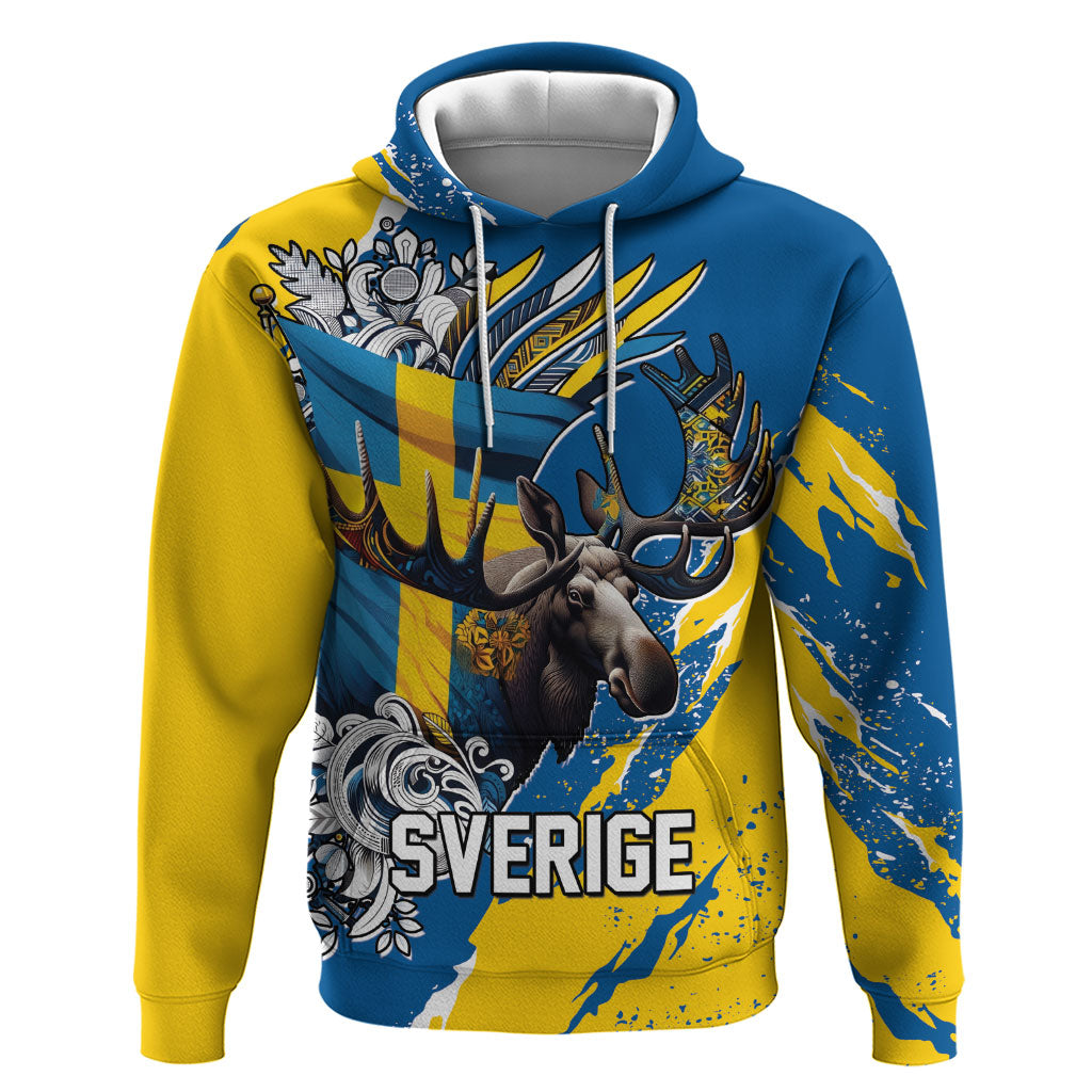 Sweden Flag Day Hoodie Majestic Elk Floral Nordic Heritage