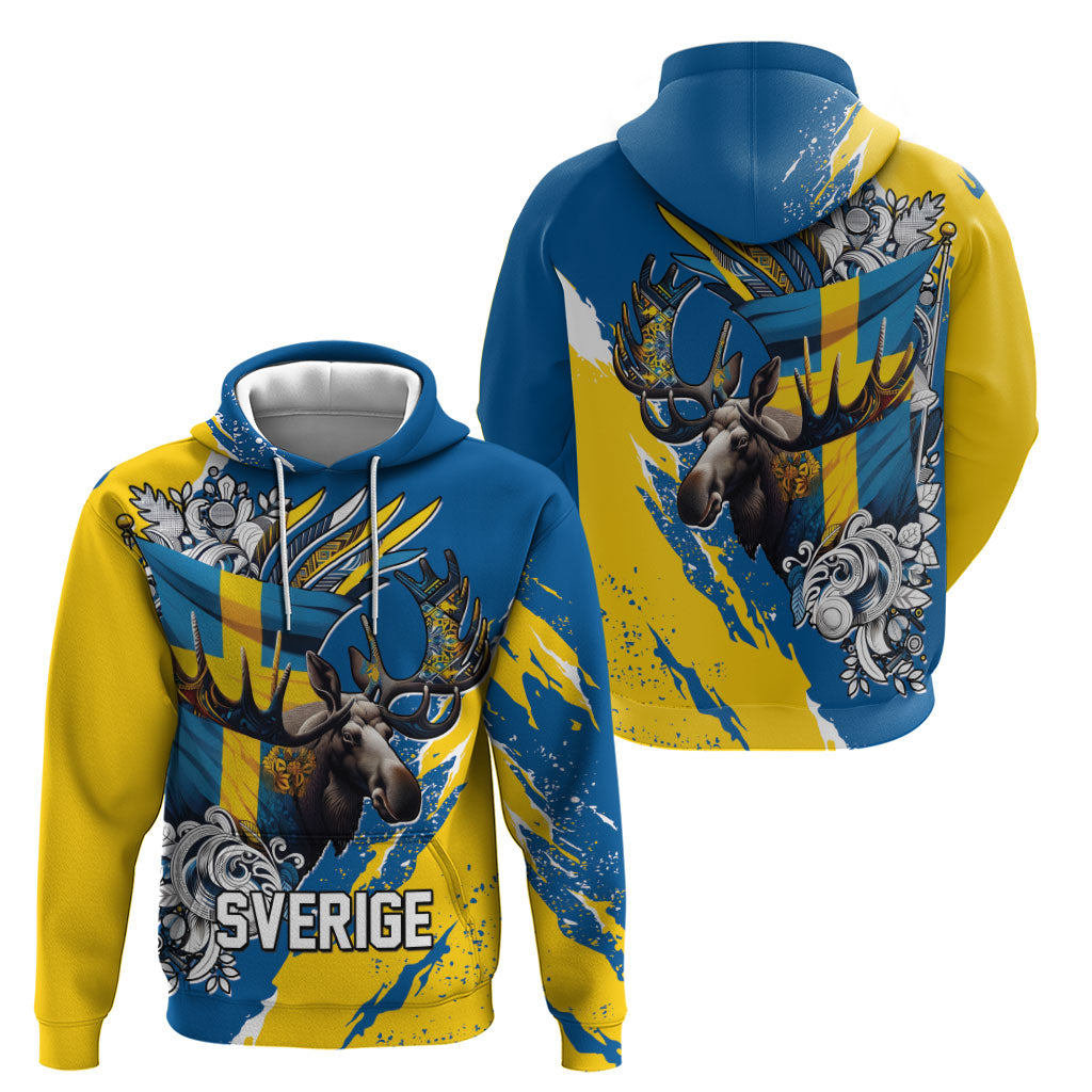 Sweden Flag Day Hoodie Majestic Elk Floral Nordic Heritage
