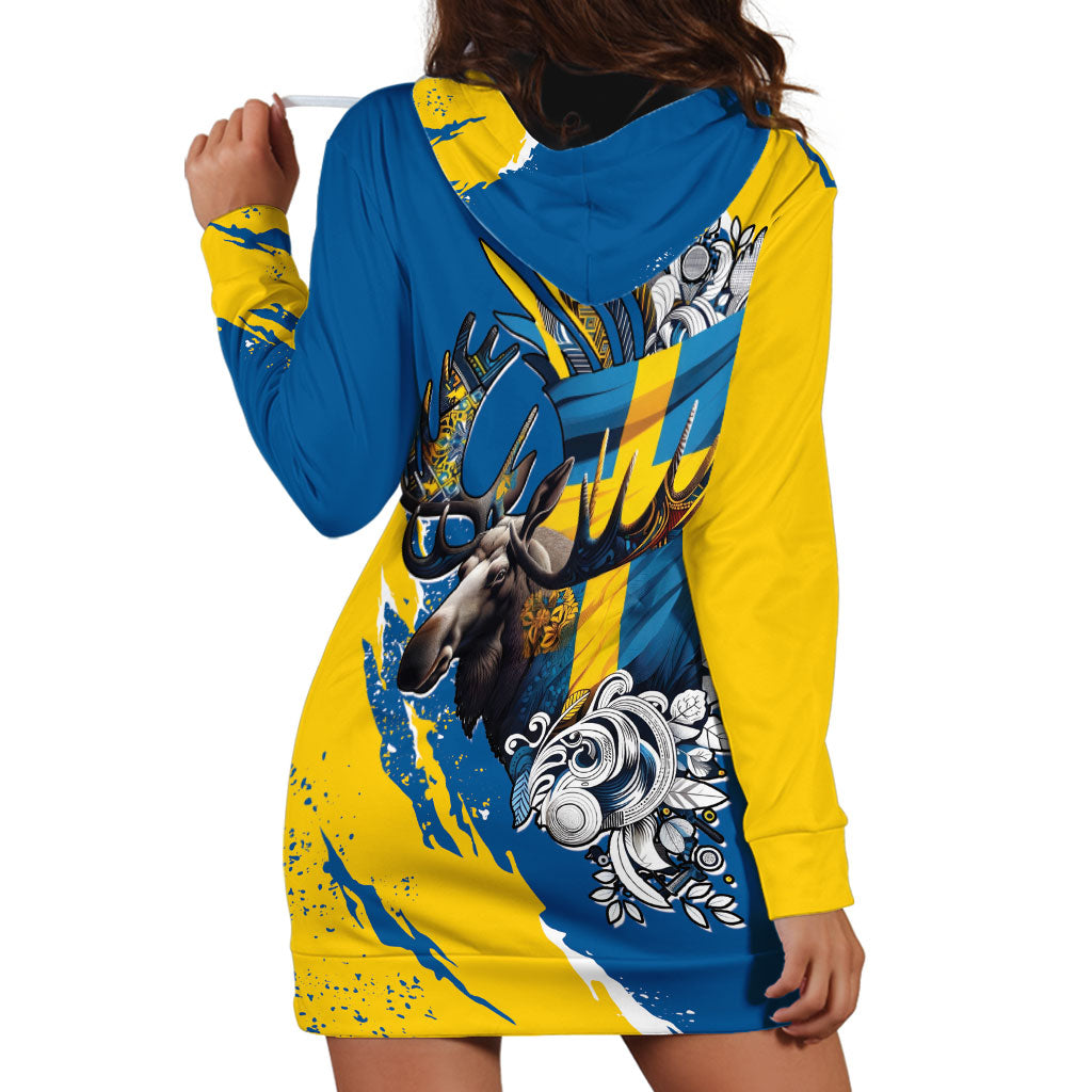 Sweden Flag Day Hoodie Dress Majestic Elk Floral Nordic Heritage