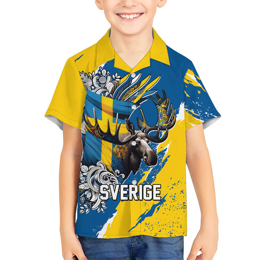 Sweden Flag Day Kid Hawaiian Shirt Majestic Elk Floral Nordic Heritage