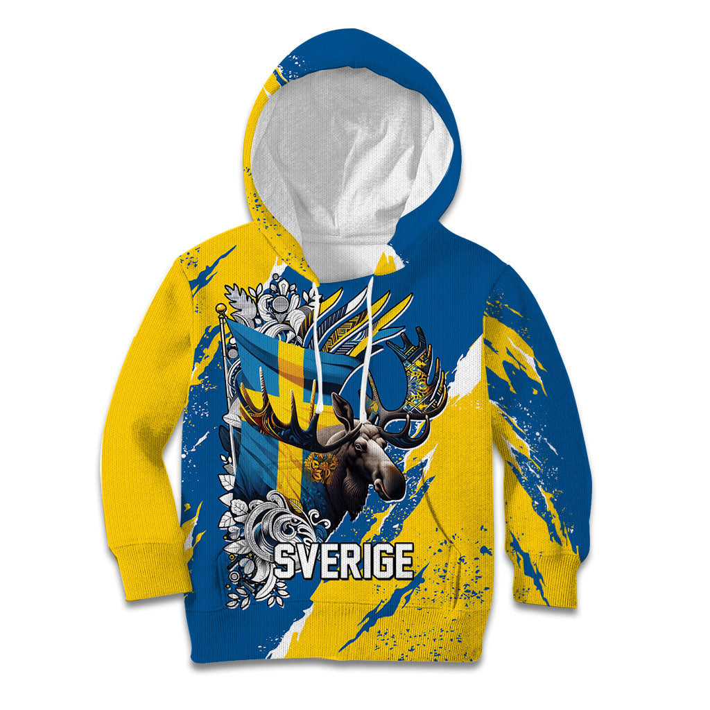 Sweden Flag Day Kid Hoodie Majestic Elk Floral Nordic Heritage