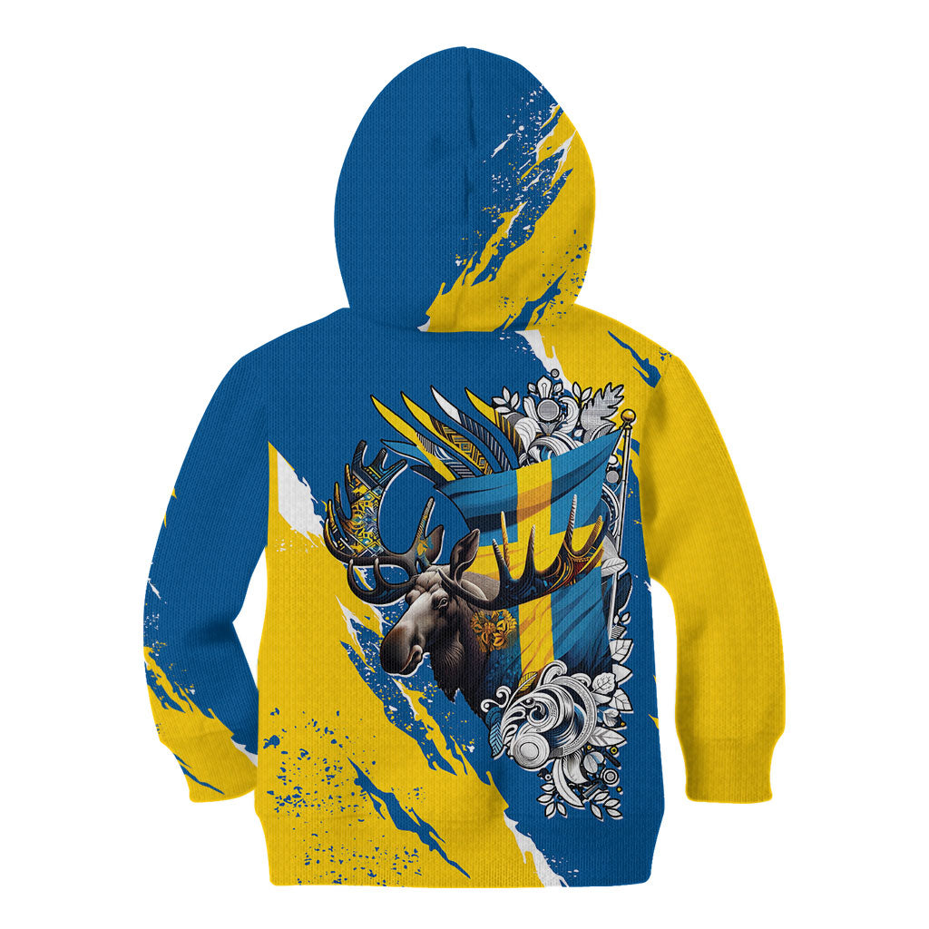 Sweden Flag Day Kid Hoodie Majestic Elk Floral Nordic Heritage